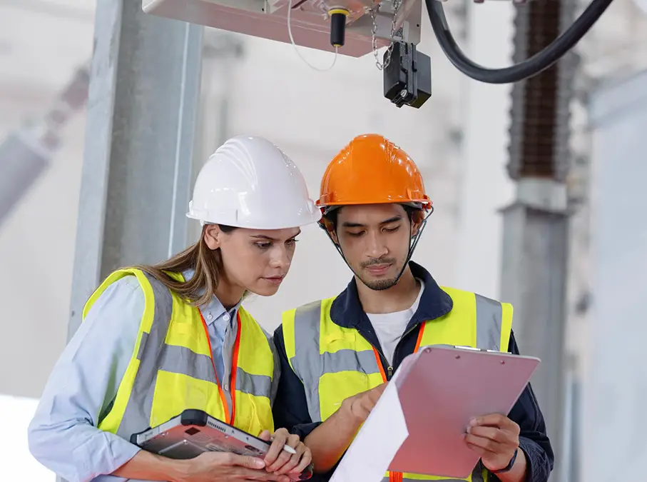  Supervisor and worker looking at laptop